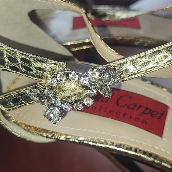 Vintage Metallic Shiny Gold Crystal Peeptoe Platform Red Carpet Heels EUC 7.5 - Picture 9 of 11